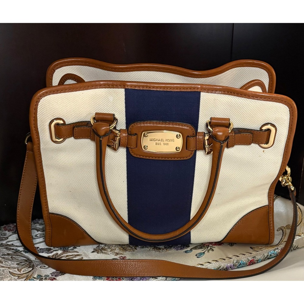 Michael Kors Hamilton Canvas Satchel Navy Stripe Tan Leather Trim Handbag